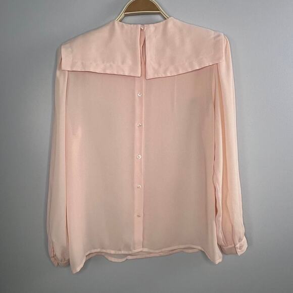 Vintage 80s La Blouse Top Size 10 Pink Long Sleeve Collared Sheer Embroidered - Picture 3 of 4